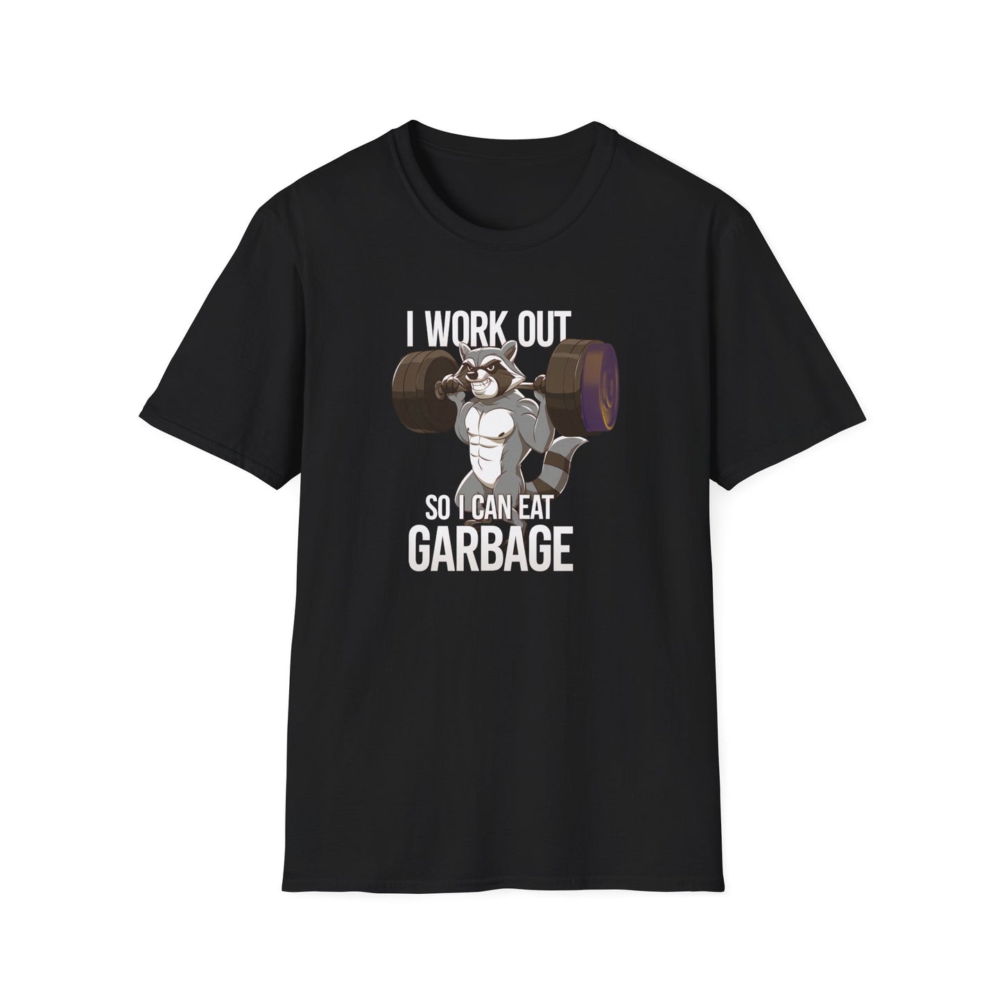 "I Work Out So I Can Eat Garbage" Racoon Weightlift Funny Memes T-Shirt