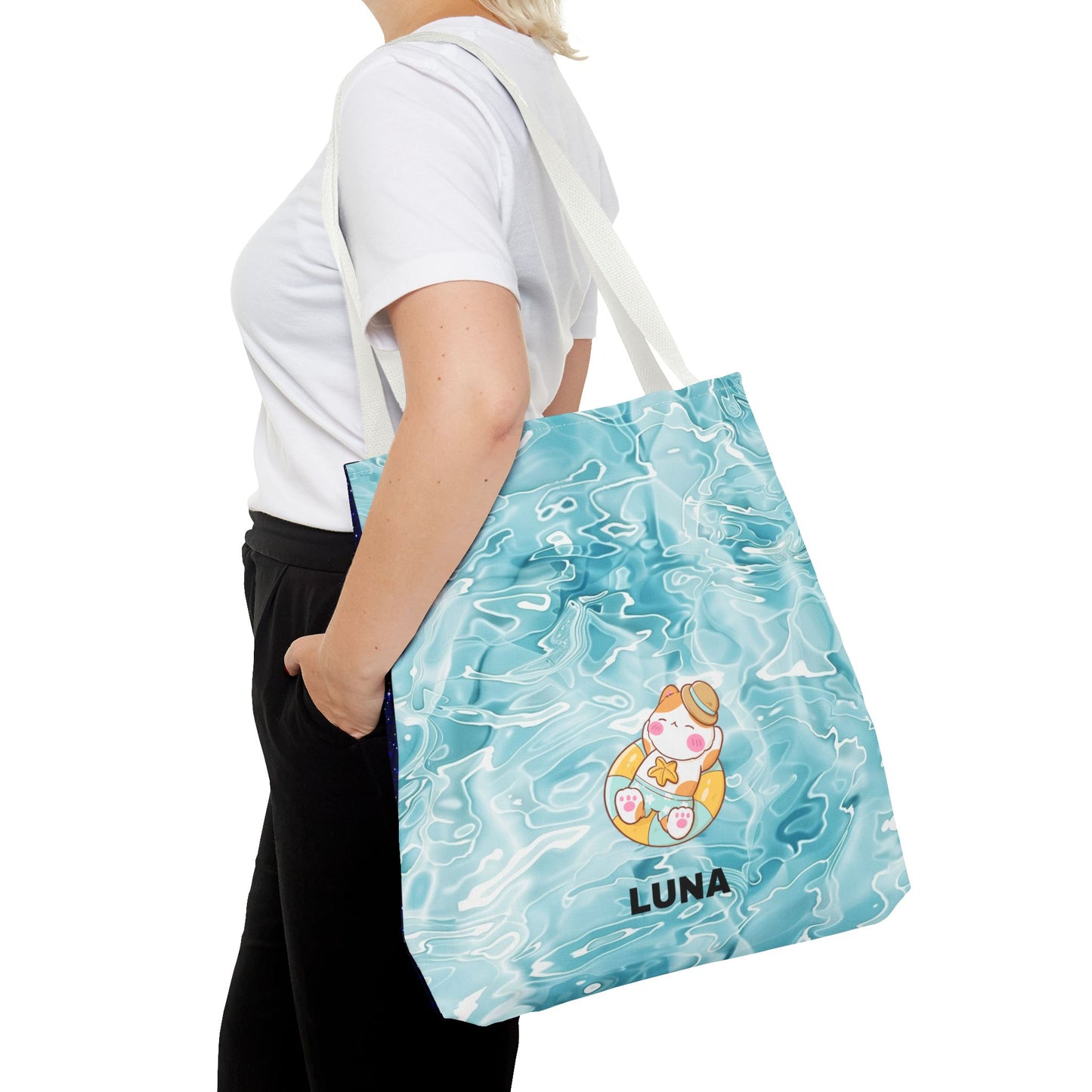Personalized Name Cute Cat Float Ocean Starry Sky Tote Bag