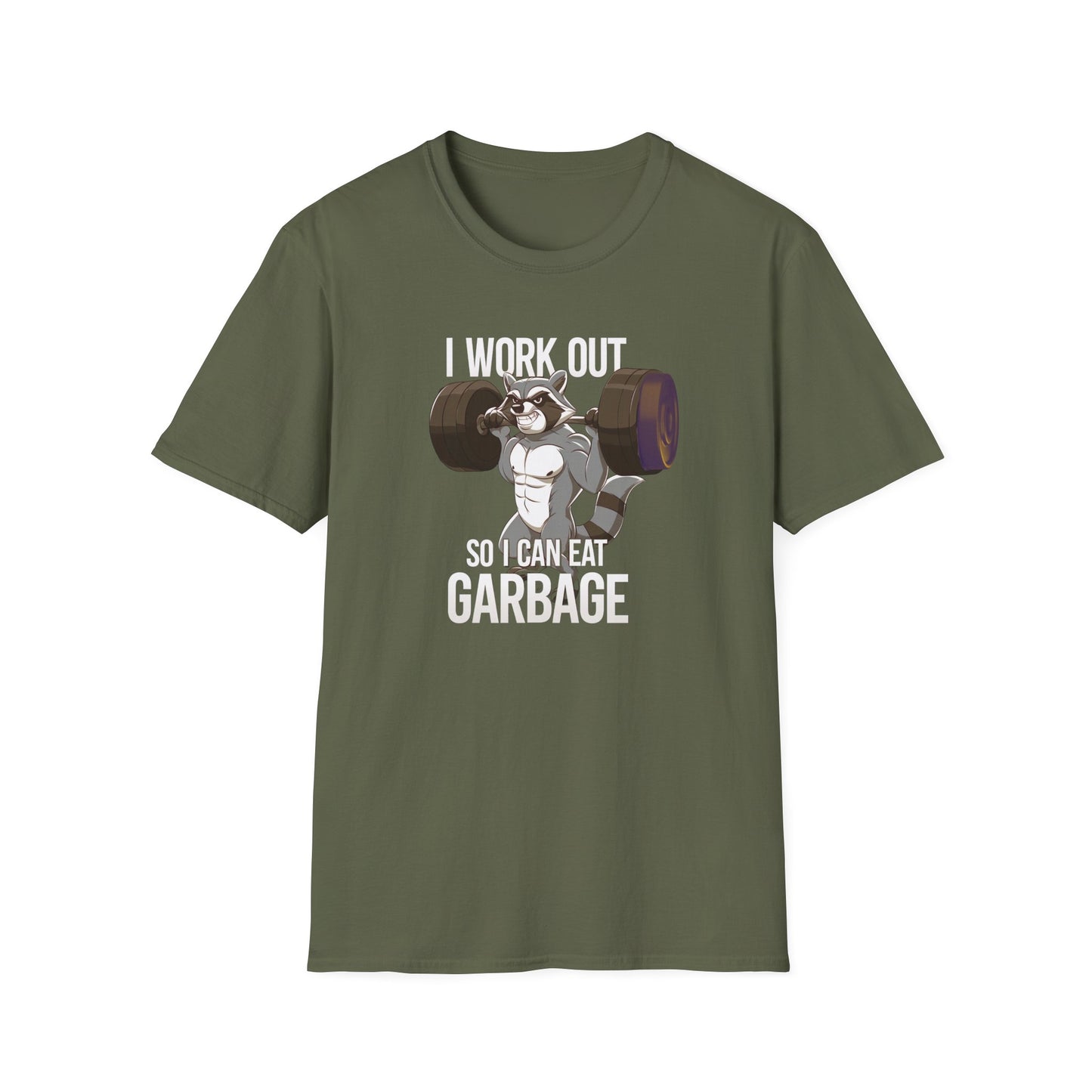 "I Work Out So I Can Eat Garbage" Racoon Weightlift Funny Memes T-Shirt