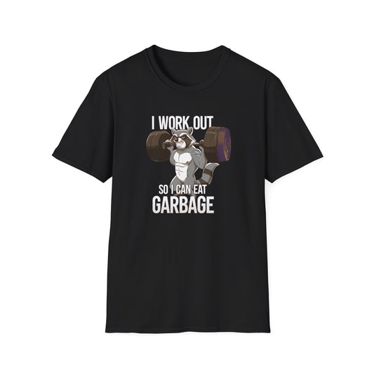 "I Work Out So I Can Eat Garbage" Racoon Weightlift Funny Memes T-Shirt